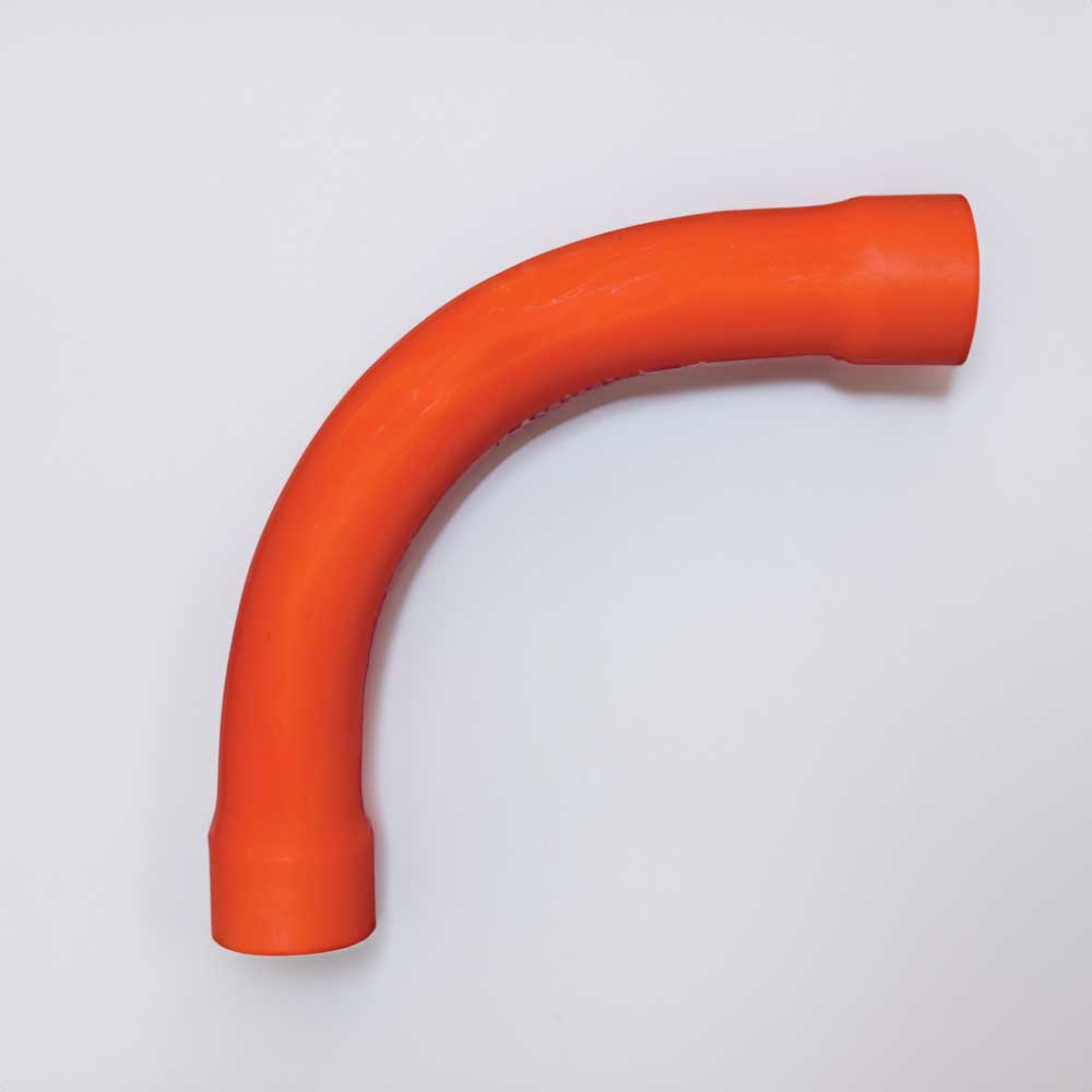 Electrical PVC Conduit Bend 50mm 90-Degree 280mm Radius Conduit Bend 20mm 90-Degree, Conduit Bend 25mm 90-Degree, Conduit Bend 32mm 90-Degree, Conduit Bend 40mm 90-Degree, Conduit Bend 50mm 90-Degree, Conduit Bend 63mm 90-Degree, Conduit Bend 80mm 90-Degree, Conduit Bend 100mm 90-Degree, Conduit Bend 125mm 90-Degree, Conduit Bend 150mm 90-Degree, VESI Standard Electrical Orange Sweep Bend